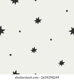 Star pattern, seamless texture. Sparkles and dots, starry background design, endless repeating print for modern black and white fabric, paper wrapping, textile. Printable flat vector illustration