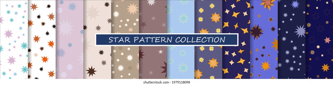 Star pattern set. 12 seamless repeating space background with different cosmic flashes in the sky, for baby, kid, child. For textiles, fabrics and printing. Packaging design, wrapping paper. Vector