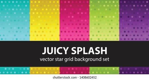 Star pattern set Juicy Splash. Vector seamless backgrounds - cyan, yellow, rose, green, violet stars on gradient backdrops
