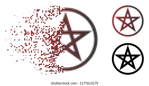 Star pentacle icon in dispersed, pixelated halftone and undamaged entire versions. Elements are grouped into vector disappearing star pentacle symbol.