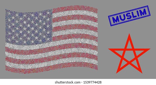 Star pentagram icons are combined into USA flag abstraction with blue rectangle distressed stamp watermark of Muslim caption.