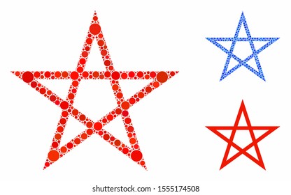 Star pentagram mosaic of round dots in different sizes and color tinges, based on star pentagram icon. Vector round elements are united into blue mosaic.