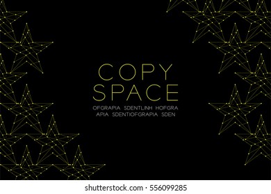 Star pentagram pattern illustration yellow color, dot outline stroke design isolated on black background, with copy space