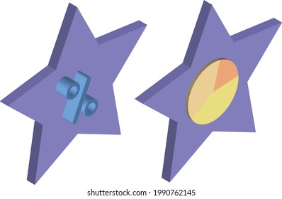 star with percentage icon and round chart 3D icons on white background