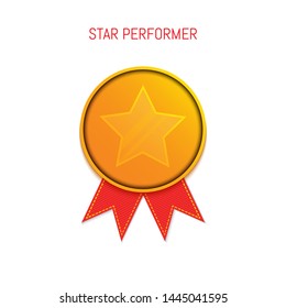 Star performer medallion with ribbon in cartoon style. Professional trophy honouring excellence and top achievements in business. Corporate and employee recognition concept.Cartoon vector illustration