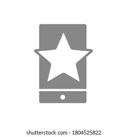 Star with phone, feedback gray icon. Mobile app review, add to favorites, user feedback symbol