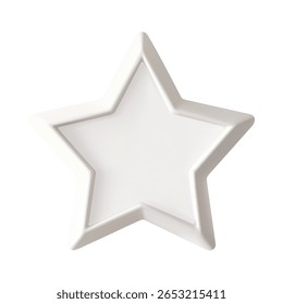 Star picture frame isolated on white bg, realistic 3d render. White empty vector photo card mock up, festive greeting border, winter quote container. Neutral decorative gallery art, luxury wood board