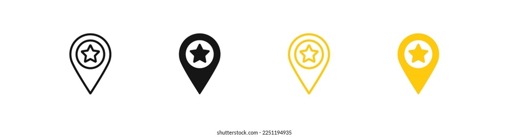 Star pin icon.  Favorite place symbol. Location geo point signs. Information pointer symbols. Best position icons. Black and yellow color. Vector isolated sign.