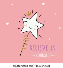 star pink crown gold glitter text line girl tee illustration art vector