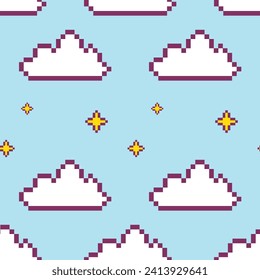 star pixel sky, stars and clouds seamless pattern, squares, retro  