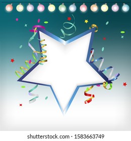 star with place for text, confetti and serpentine. garland of multi-colored light bulbs