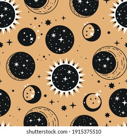 Star and planet astronomy space seamless pattern. Vector celestial background starry astrology night symbol.