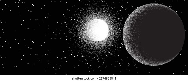 Star and planet in space. Futuristic landscape, with noise texture . Night landscape with starry sky .Vector illustration