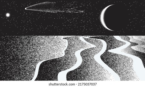 Star and planet in space. Futuristic landscape, with noise texture . Night landscape with starry sky .Vector illustration