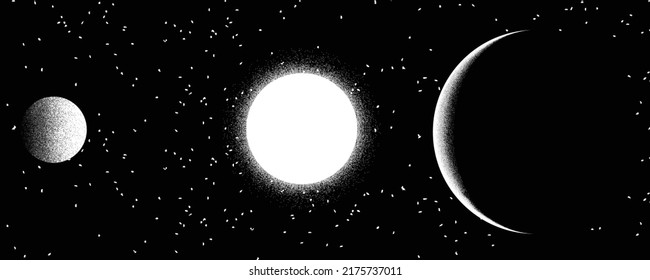 Star and planet in space. Futuristic landscape, with noise texture . Night landscape with starry sky .Vector illustration