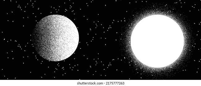Star and planet in space. Futuristic landscape, with noise texture . Night landscape with starry sky .Vector illustration
