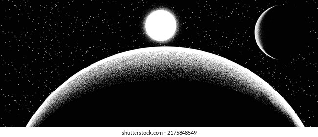 Star and planet in space. Futuristic landscape, with noise texture . Night landscape with starry sky .Vector illustration