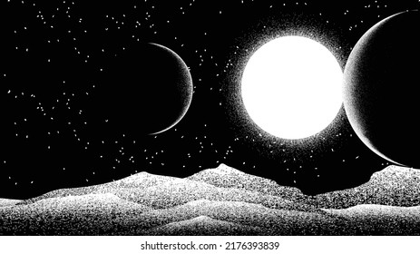 Star and planet in space. Futuristic landscape, with noise texture . Night landscape with starry sky .Vector illustration