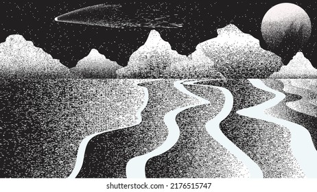 Star and planet in space. Futuristic landscape, with noise texture . Night landscape with starry sky .Vector illustration