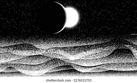 Star and planet in space. Futuristic landscape, with noise texture . Night landscape with starry sky .Vector illustration