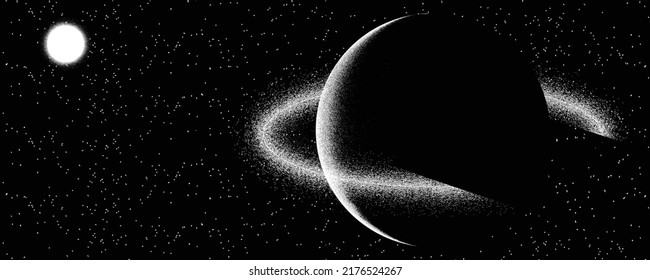 Star and planet in space. Futuristic landscape, with noise texture . Night landscape with starry sky .Vector illustration
