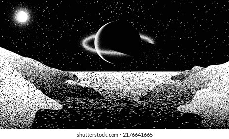 Star and planet in space. Futuristic landscape, with noise texture . Night landscape with starry sky .Vector illustration