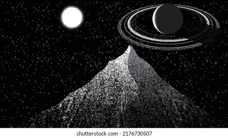 Star and planet in space. Futuristic landscape, with noise texture . Night landscape with starry sky .Vector illustration