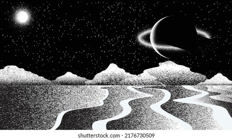 Star and planet in space. Futuristic landscape, with noise texture . Night landscape with starry sky .Vector illustration