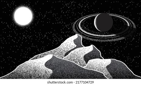 Star and planet in space. Futuristic landscape, with noise texture . Night landscape with starry sky .Vector illustration