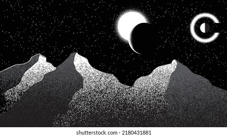 Star and planet in space. Futuristic landscape, with noise texture . Night landscape with starry sky .Vector illustration