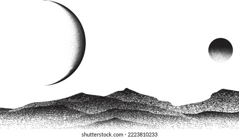 Star and planet in space. Futuristic landscape, with noise texture . Night landscape with starry sky .Vector illustration