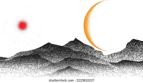 Star and planet in space. Futuristic landscape, with noise texture . Night landscape with starry sky .Vector illustration