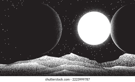 Star and planet in space. Futuristic landscape, with noise texture . Night landscape with starry sky .Vector illustration, screen print texture