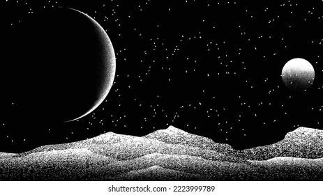 Star and planet in space. Futuristic landscape, with noise texture . Night landscape with starry sky .Vector illustration, screen print texture
