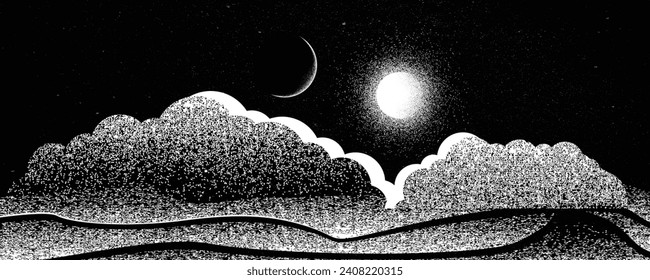 Star and planet in space. Futuristic landscape, with noise texture . Night landscape with starry sky and clouds .Vector illustration, screen print texture