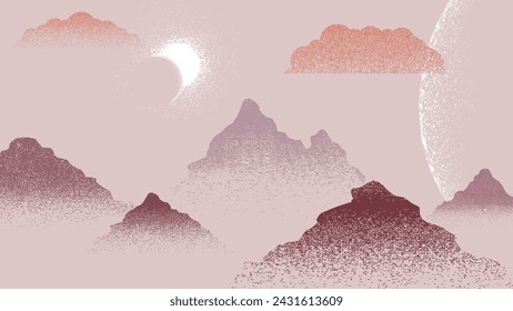Star and planet in space. Futuristic landscape, with noise texture . Night landscape with starry sky .Vector illustration, screen print texture
