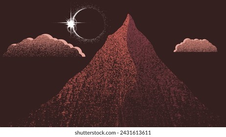 Star and planet in space. Futuristic landscape, with noise texture . Night landscape with starry sky .Vector illustration, screen print texture