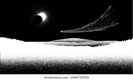 Star and planet in space. Futuristic landscape, with noise texture . Night landscape with starry sky .Vector illustration