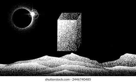 Star and planet in space. Futuristic landscape, with monolith .Vector illustration