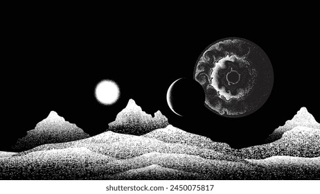 Star and planet in space. Futuristic landscape, with noise texture . Night landscape with starry sky .Vector illustration
