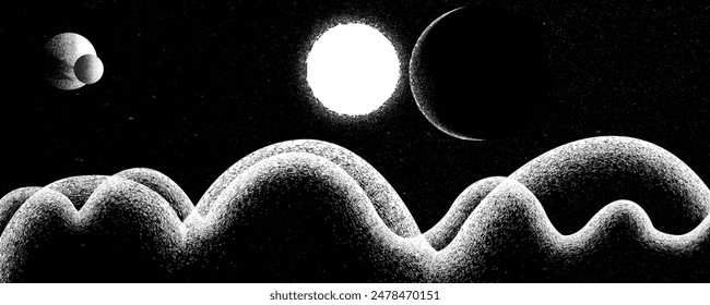 Star and planet in space. Futuristic landscape, with noise texture . Night landscape with starry sky and clouds .Vector illustration, screen print texture