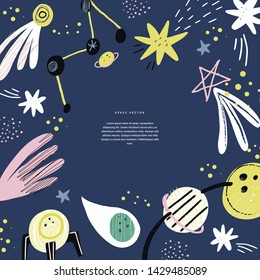 Star, planets text frame flat hand drawn template. Scandinavian style astronomy border with copyspace.  Magazine article, web page, poster template with decorative doodle cosmic sketch 
