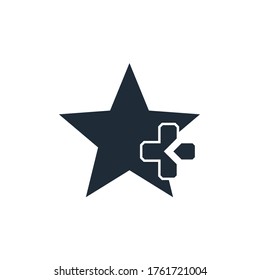 Star and plus. More quality. Vector icon isolated on white background.