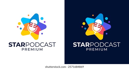 Star podcast logo design. Kids singer logo design template. Podcast artist musician entertainment logo design template vector. Vector logo design template of star, podcast, microphone, media, music.