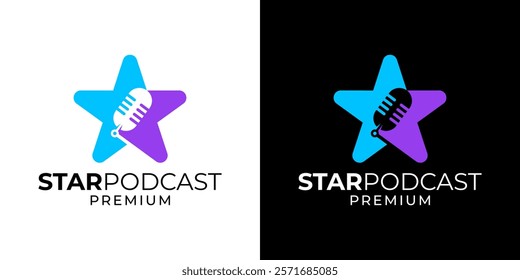 Star podcast logo design. Singer star logo design template. Podcast artist musician entertainment logo design template vector. Vector logo design template of star, podcast, microphone, media, music.