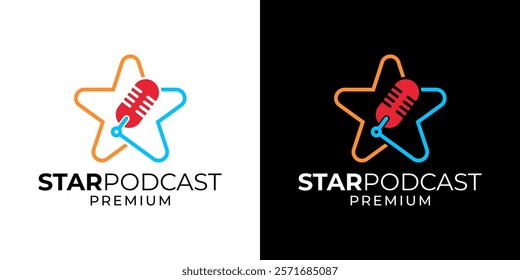 Star podcast logo design. Singer star logo design template. Podcast artist musician entertainment logo design template vector. Vector logo design template of star, podcast, microphone, media, music.