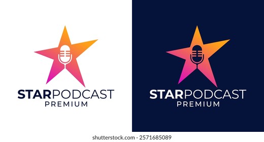 Star podcast logo design. Singer star logo design template. Podcast artist musician entertainment logo design template vector. Vector logo design template of star, podcast, microphone, media, music.