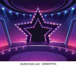 Star podium with lighting. Music stage game background. Show performance. Concert illuminated by spotlights vector illustration. User interface