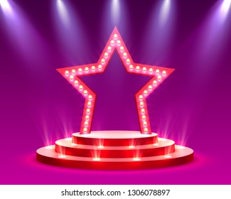 Star podium with lighting, Stage Podium Scene with for Award Ceremony on red Background, Vector illustration