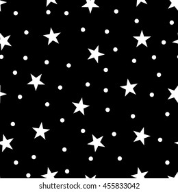 Star and polka dots seamless pattern. Black and white retro print background. Chaotic elements Abstract texture. Effect of sky. Design template wallpaper, wrapping, fabric, textile Vector Illustration